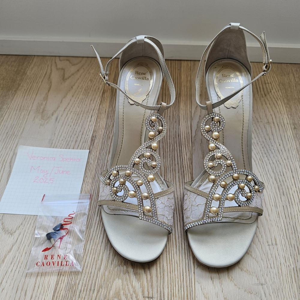 Rene Caovilla Cream Heels with Elegant Strappy Design And Pearls